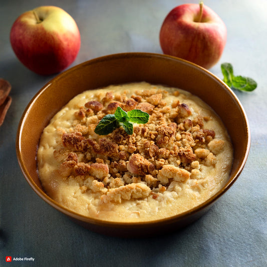 Homemade apple crumble with custard used to inspire Galaxy Flavours Apple Crumble and Custard Food Flavouring Concentrate – Professional Grade, Water-Soluble