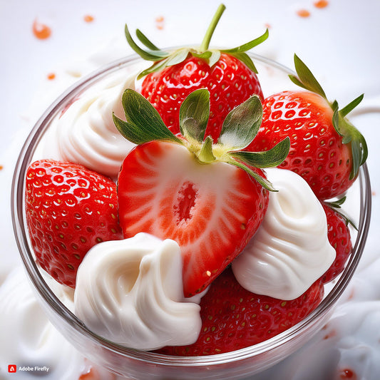 Fresh strawberries and cream used to inspire Galaxy Flavours Strawberries and Cream Food Flavouring Concentrate – Professional Grade, Water-Soluble