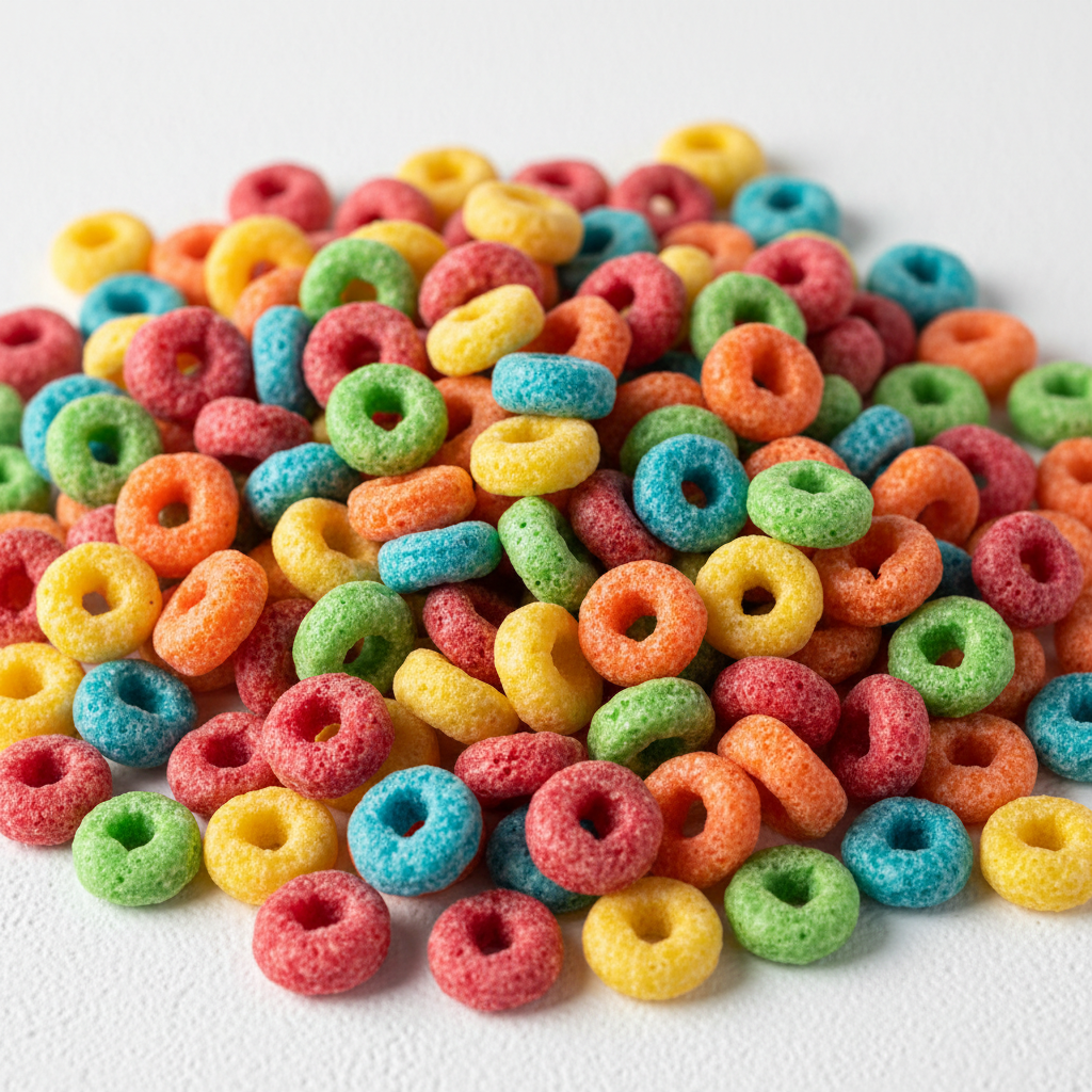 Colourful fruit circle cereal used to inspire Galaxy Flavours Fruit Circles Food Flavouring Concentrate – Professional Grade, Water-Soluble